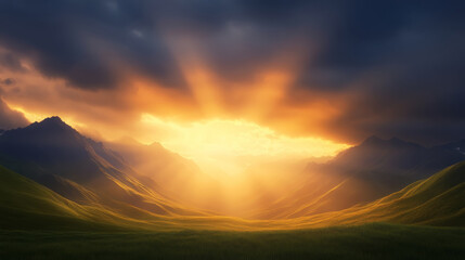 serene mountain vista with sunbeams breaking through clouds, illuminating landscape. golden light casts warm glow over rolling hills and peaks, creating tranquil atmosphere