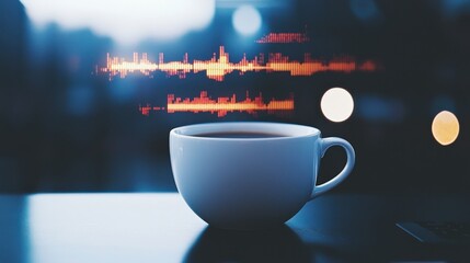 A cozy cup of coffee with soundwave graphics, blending sensory experiences of taste and sound in a serene atmosphere.