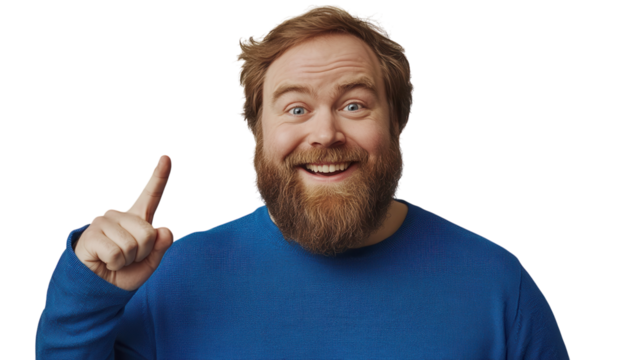 Smiling man with a beard pointing upwards in a bright blue sweater against a white background