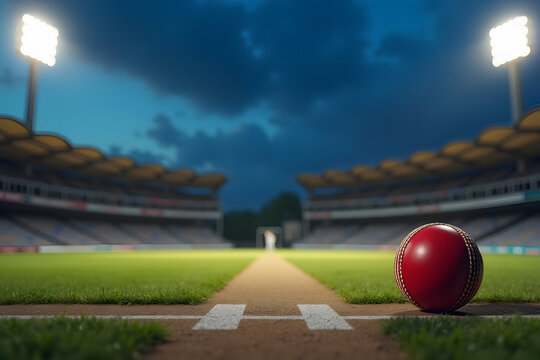 A high-resolution image of a cricket ball on a pitch, capturing the anticipation and focus of a match in a dramatic stadium atmosphere.