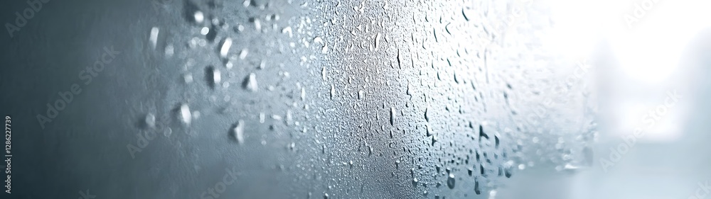 Fototapete Closeup view of water droplets and condensation on a gray glass window creating a moody abstract nature background with a sense of tranquility and contemplation  The wet