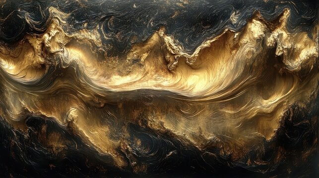 Golden abstract landscape, swirling textures, dark background, art design