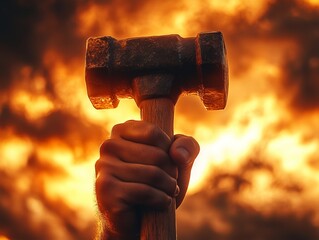 A muscular right hand holding a hammer firmly, illuminated by golden light, against a cloudy and moody backdrop, celebrating workers' dedication on May 1st.