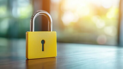 Fototapeta premium Secure and safe, yellow padlock on wooden table symbolizing protection privacy