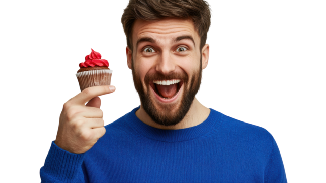 Man celebrates joyfully while holding a delicious red frosting cupcake in a bright setting