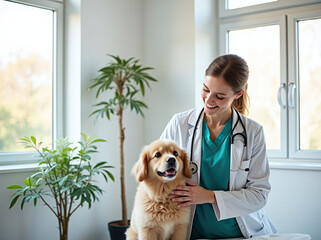 Photograph of a veterinarian in white lab coat and stethoscope examining a fluffy, light brown dog with a smiling female vet in turquoise scrubs. The clinic has a bright, modern interior with white
