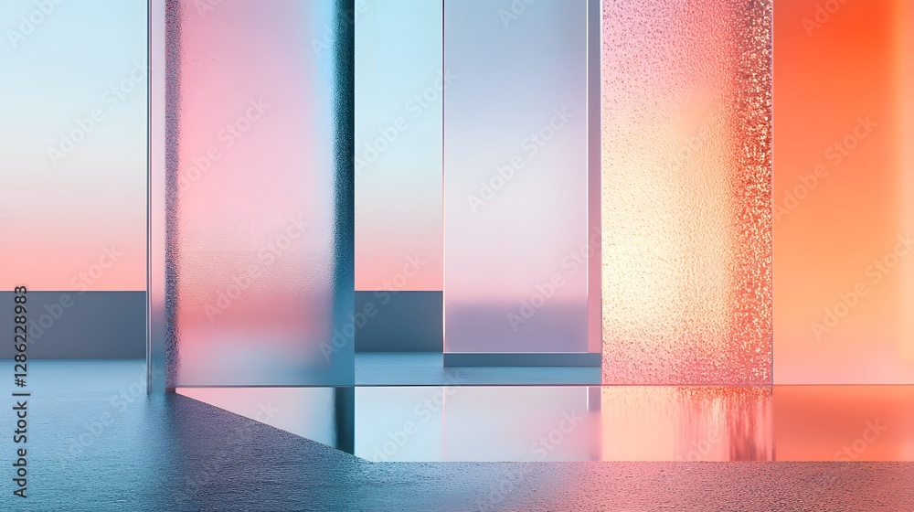 Poster Colorful sunset reflections shimmering through transparent glass windows creating an abstract architectural scene with vibrant pastel hues soft lines and a futuristic serene atmosphere