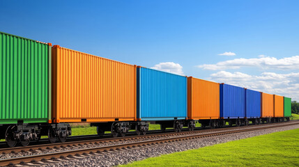 Obraz premium Colorful shipping containers on railway track under clear blue sky, showcasing vibrant hues of green, orange, and blue. scene evokes sense of industry and transportation