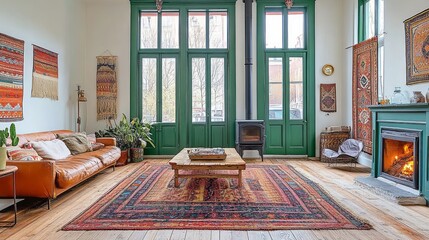 Fototapeta premium Bright spacious living room featuring bohemian decor and cozy fireplace