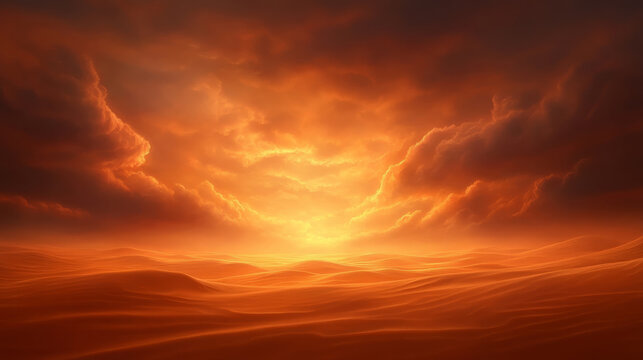 sweeping desert landscape dominated by light and warm colors, showcasing rolling sand dunes under dramatic sunset sky filled with clouds