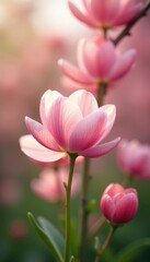 Obraz premium Blurred spring floral bokeh, asymmetrical spring bloom, elegant, bright