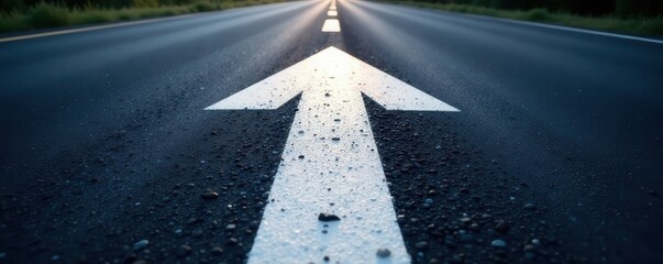 Bright white arrow on dark road surface, clear direction , traffic, signal