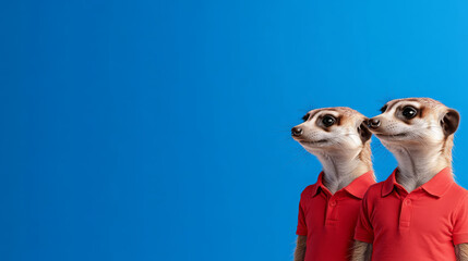 Two meerkats wearing red polo shirts stand against bright blue background, showcasing playful and whimsical scene. Their curious expressions add charm to image