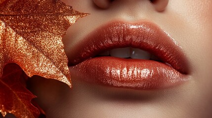 Glittery Lips And Autumn Leaves Close Up