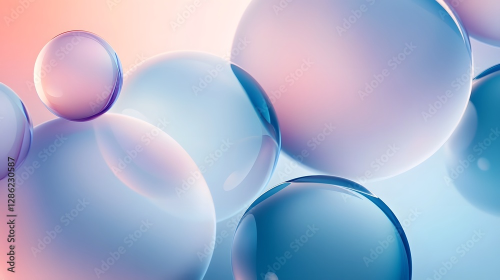 Poster delicate and ethereal abstract background with transparent pastel colored bubbles or spheres floatin