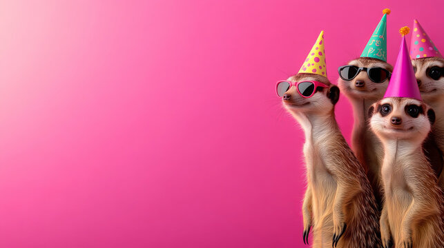 Whimsical meerkats wearing colorful party hats and sunglasses celebrate joyfully against vibrant pink background, creating fun and lively atmosphere
