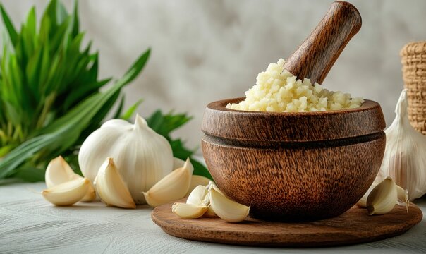 Fresh minced garlic in mortar with pestle and whole cloves