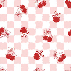Seamless pattern cute coquette red cherry with cute ribbon on color background.
Vector illustration.