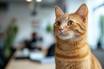 Cat sitting on a table looking up at the ceiling in bright indoor setting