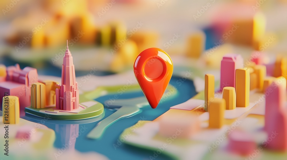 Aufkleber detailed 3d rendered colorful city map with gps navigation pointer road and street routes and iconic