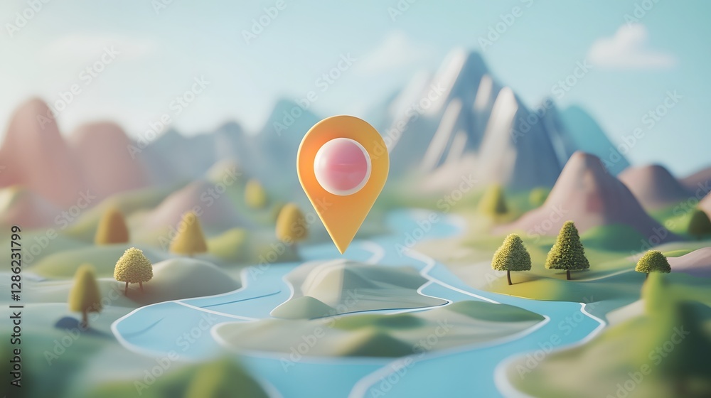 Poster Detailed 3D rendered map pointer or navigation icon placed on a picturesque mountain landscape background featuring snow capped peaks lush forests and a winding river or stream