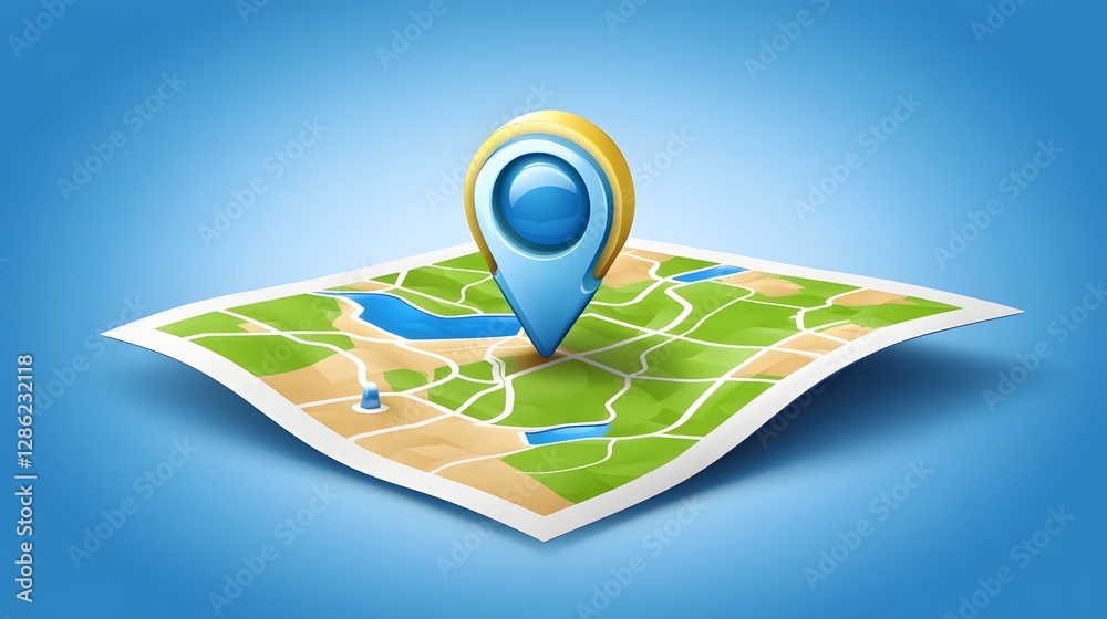 Aufkleber Detailed 3D rendering of a location pin or pointer icon placed on a vibrant colorful geographic map or landscape background showcasing the technology and visual interface of travel