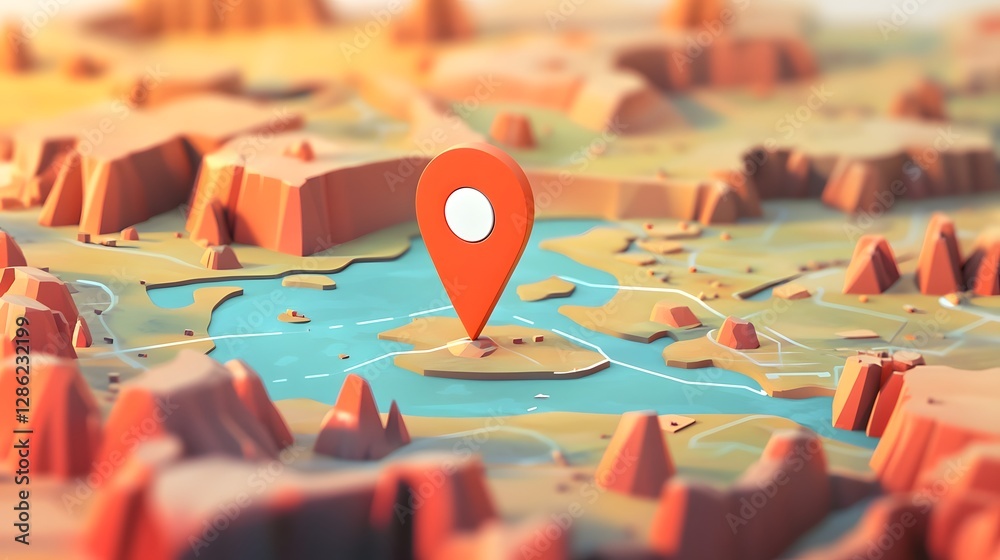 Poster Detailed 3D terrain map with a red GPS location marker pinpointing a specific destination representing the concepts of planning and geographic data visualization