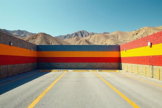 Deserted parking area, bold striped wall feature, concrete, pattern