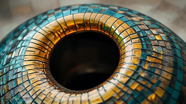 A close-up of a textured pottery piece showcasing intricate patterns and colors.