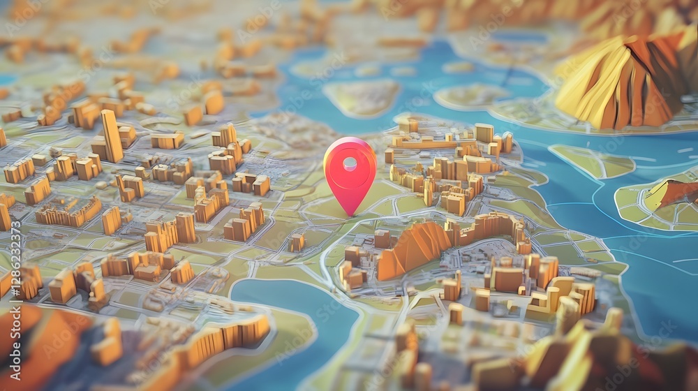 Fototapete detailed and 3d satellite map of a thriving metropolitan city with highlighted location marker urban