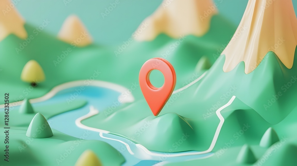 Poster detailed and immersive 3d rendered digital depicting a scenic mountain landscape with a navigational