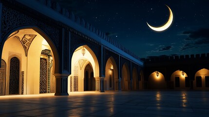 Scenic Islamic Courtyard at Night with Lanterns