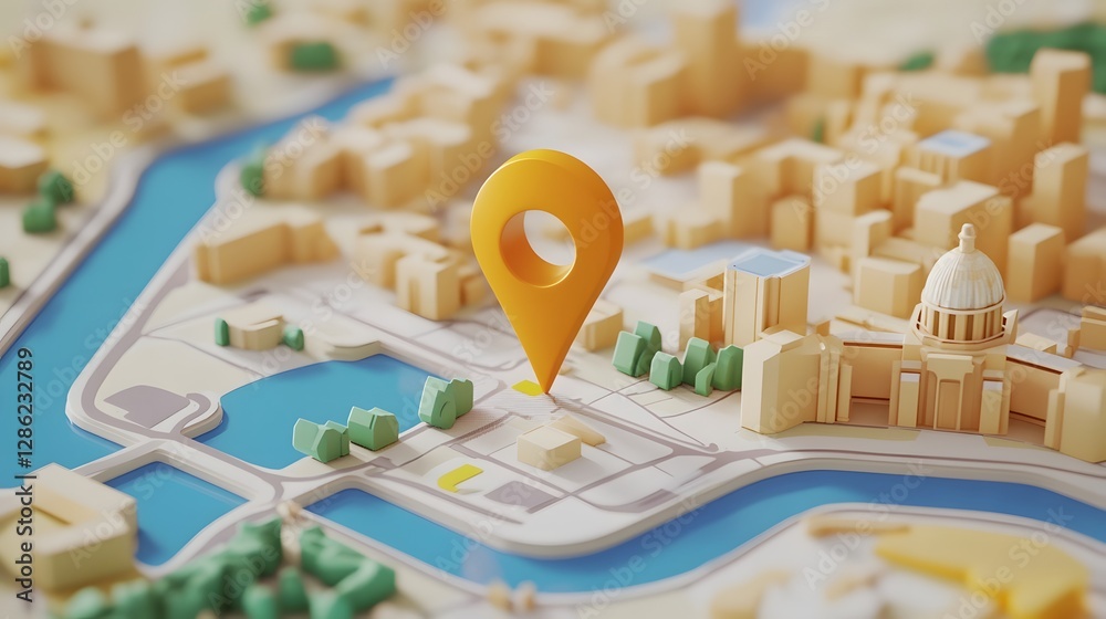 Poster Detailed city map with GPS navigation markers highlighting the urban architectural landmarks transportation routes and development infrastructure of a thriving metropolitan area
