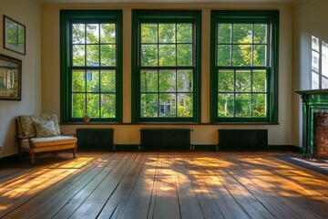 Room interior featuring green framed windows and wood flooring