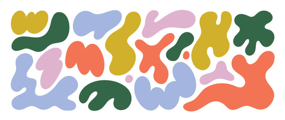 Wavy liquid irregular blob shapes collection. Childish colorful vector isolated shapes. Simple freeforms, asymmetric blobs, bubbles and drops in trendy y2k style. Vector flat design elements.