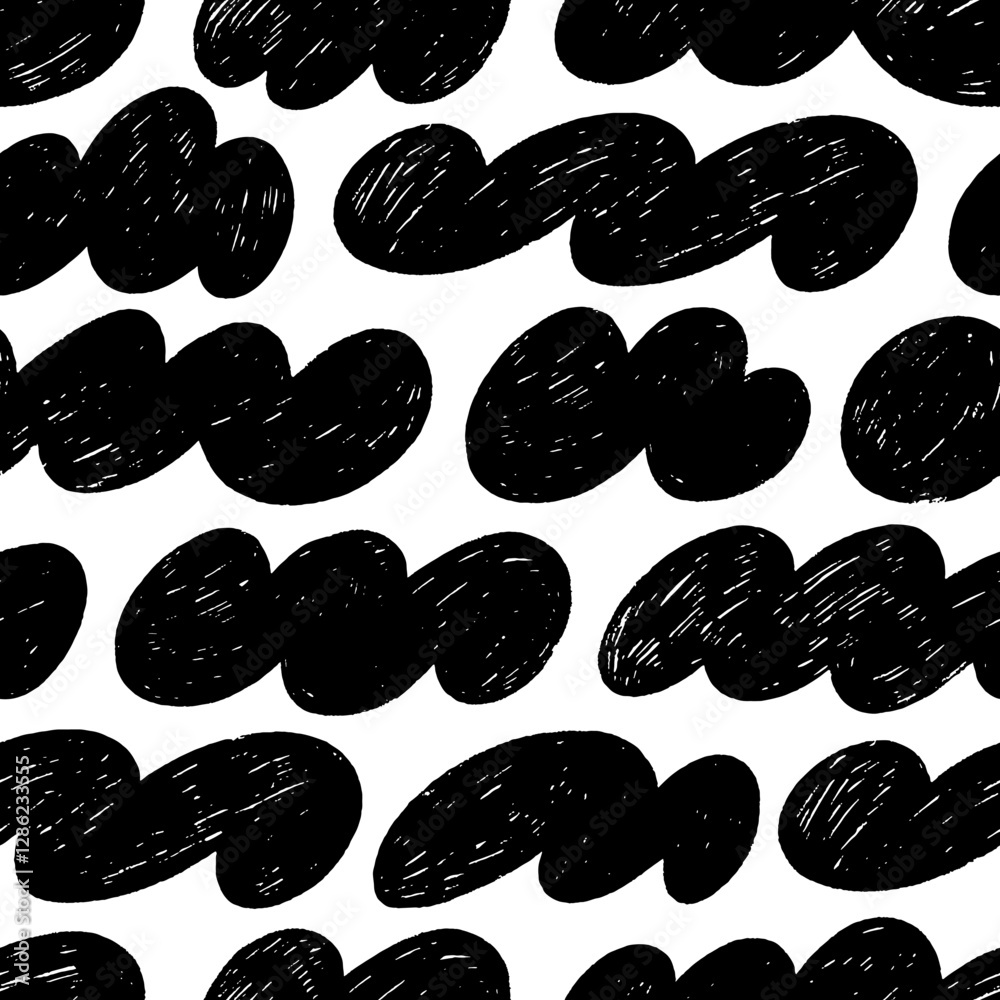 Poster retro graphic clouds and organic shapes seamless pattern. crayon drawn childish naive figures backgr