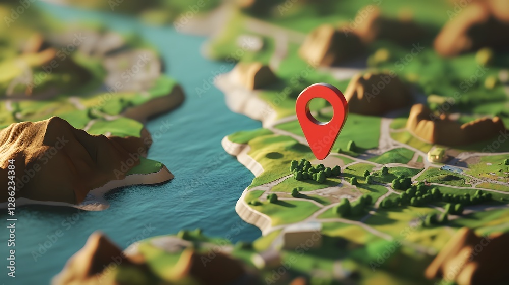 Poster Detailed digital map with red marker pin highlighting a specific geographic location or destination representing adventure