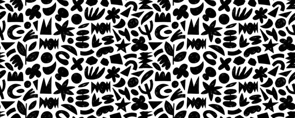 Seamless pattern with crayon drawn grunge organic shapes. Geometric naive forms and primitive abstract figures.
