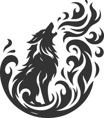 A wolf howling with fire and water swirling around it animal vector silhouette