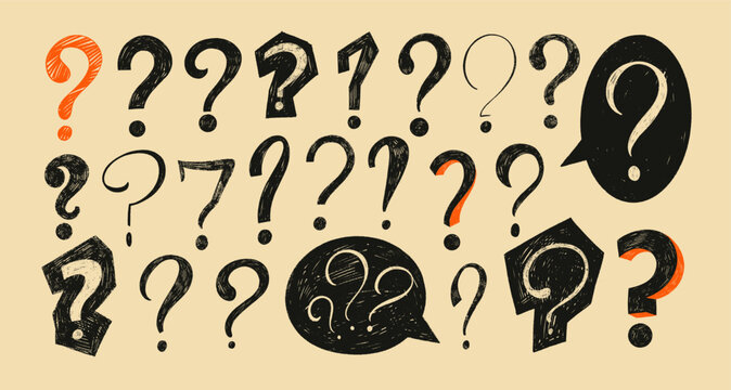 Crayon drawn doodle question marks. Collection of various question marks with speech bubbles. Punctuation symbols for collages. Chalk drawn doubt and thinking vector elements. Retro style.