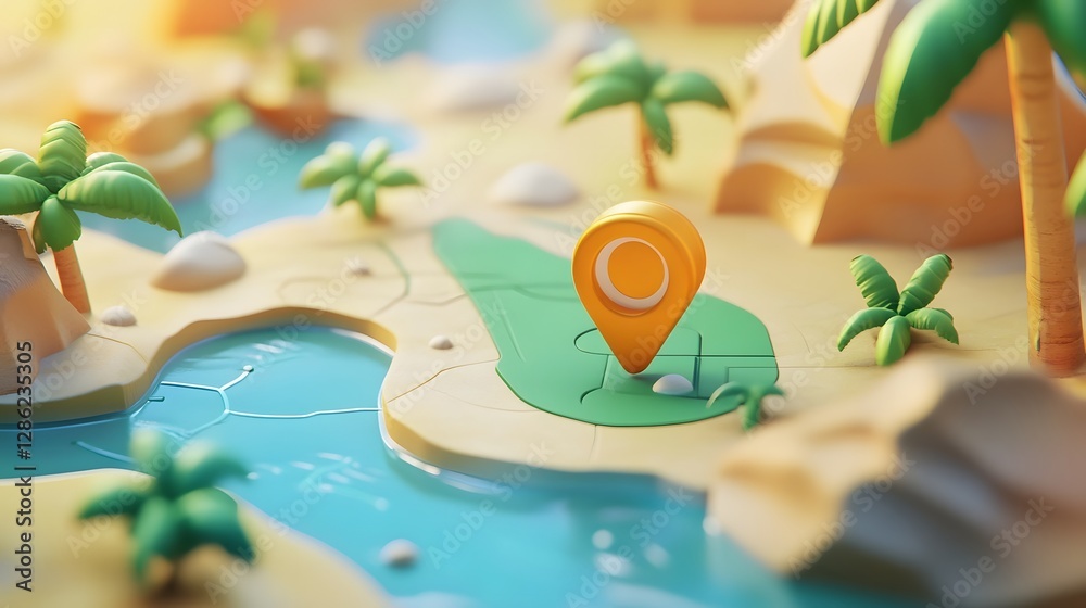 Poster detailed map of a tropical island paradise with sandy beaches palm trees and ocean waves the map sho