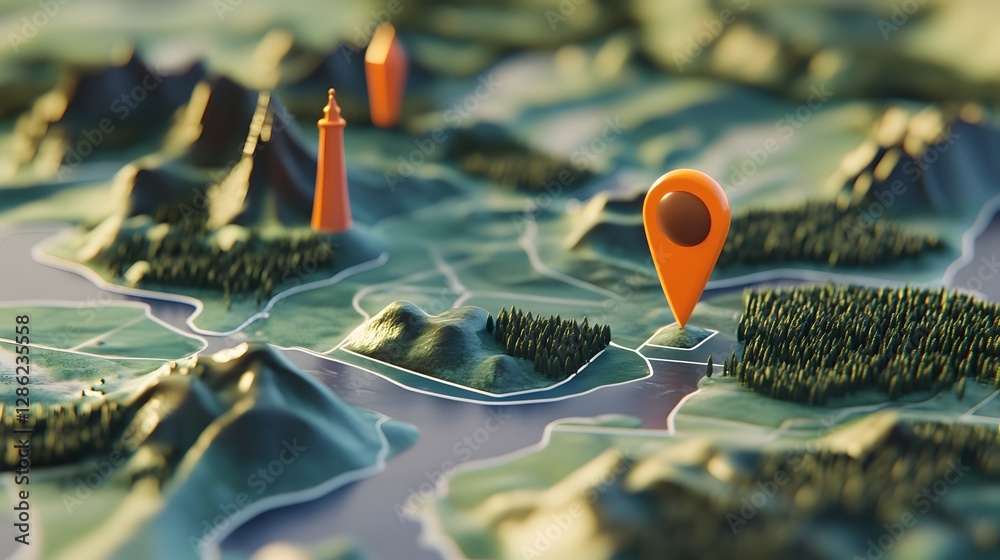 Poster detailed map displaying a gps pin marker on a picturesque natural landscape featuring mountains fore