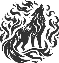 A wolf howling with fire and water swirling around it animal vector silhouette