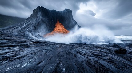 Dramatic Ocean Waves Crashing Against Volcanic Rock Formation