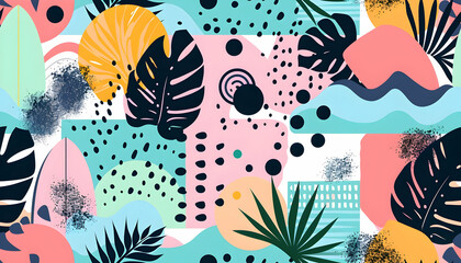 Fototapeta premium Abstract Background Illustration Tropical Leaves, Dots, and Geometric Shapes
