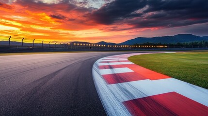 Race Track Curve at Sunset with Dramatic Sky and Mountain Backdrop
