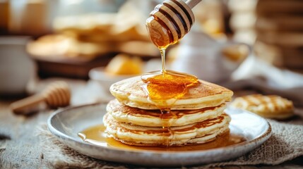 A rustic breakfast setup featuring golden honey drizzling over pancakes and waffles
