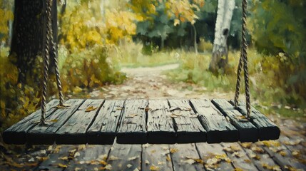 Naklejka premium Rustic Wooden Swing in Autumn Forest with Golden Leaves Pathway