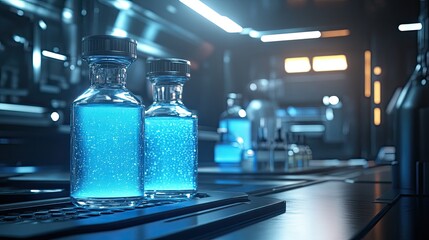 Blue Liquid Vials in Futuristic Lab Setting for Science Research