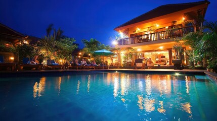 Obraz premium Relaxing at Luxury Resort Swimming Pool at Night with Warm Lighting
